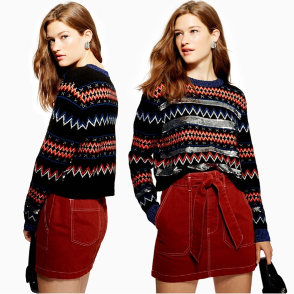 Topshop Sequin Stripe Fair Isle Jumper